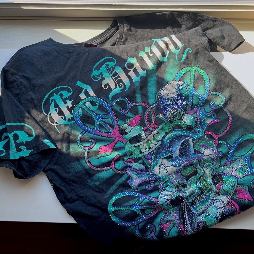 SOLD Vintage Ed Hardy Rhinestone skull shirt Size L